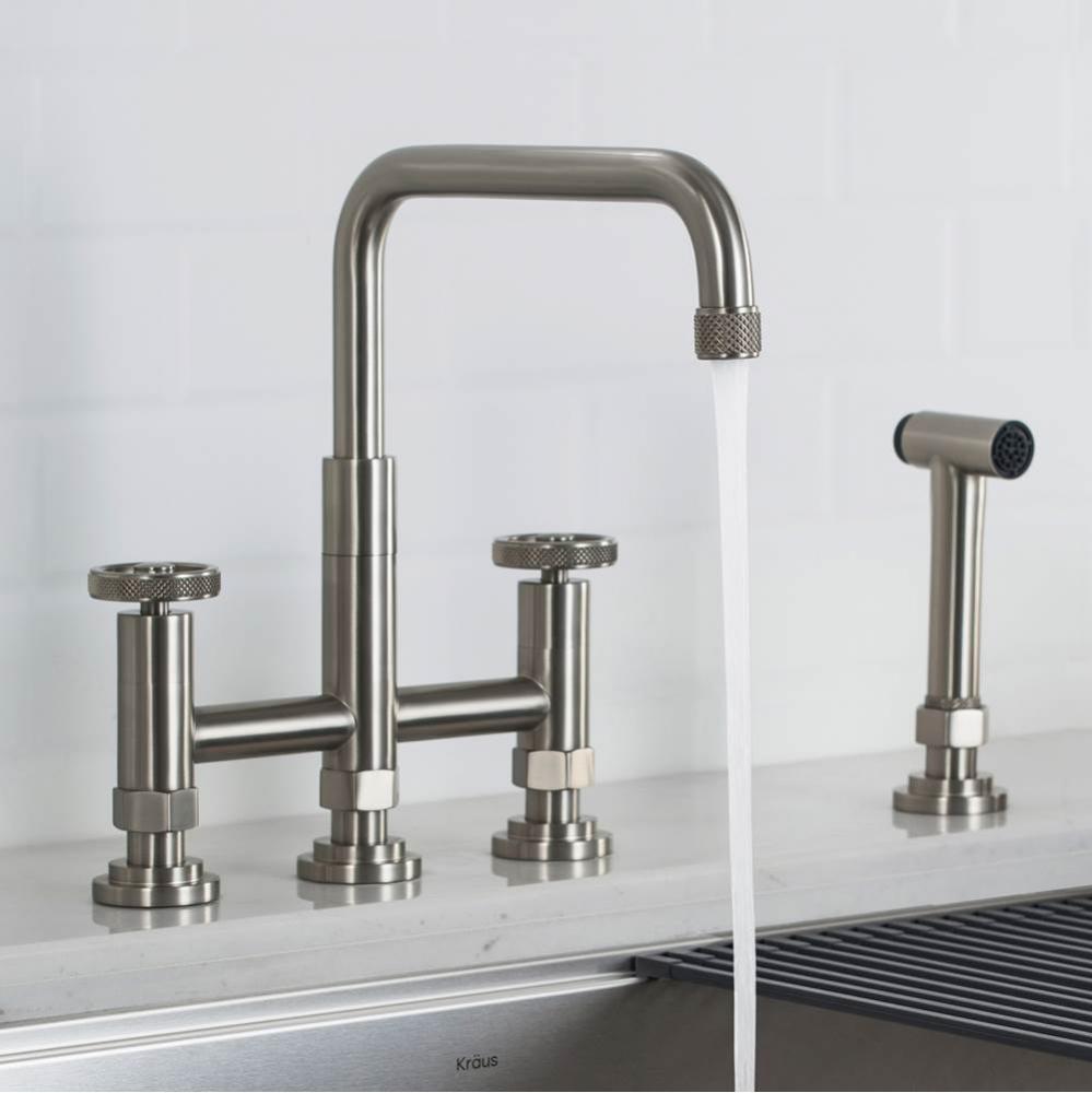 Urbix™ Industrial Bridge Kitchen Faucet with Side Sprayer in Spot Free Stainless Steel
