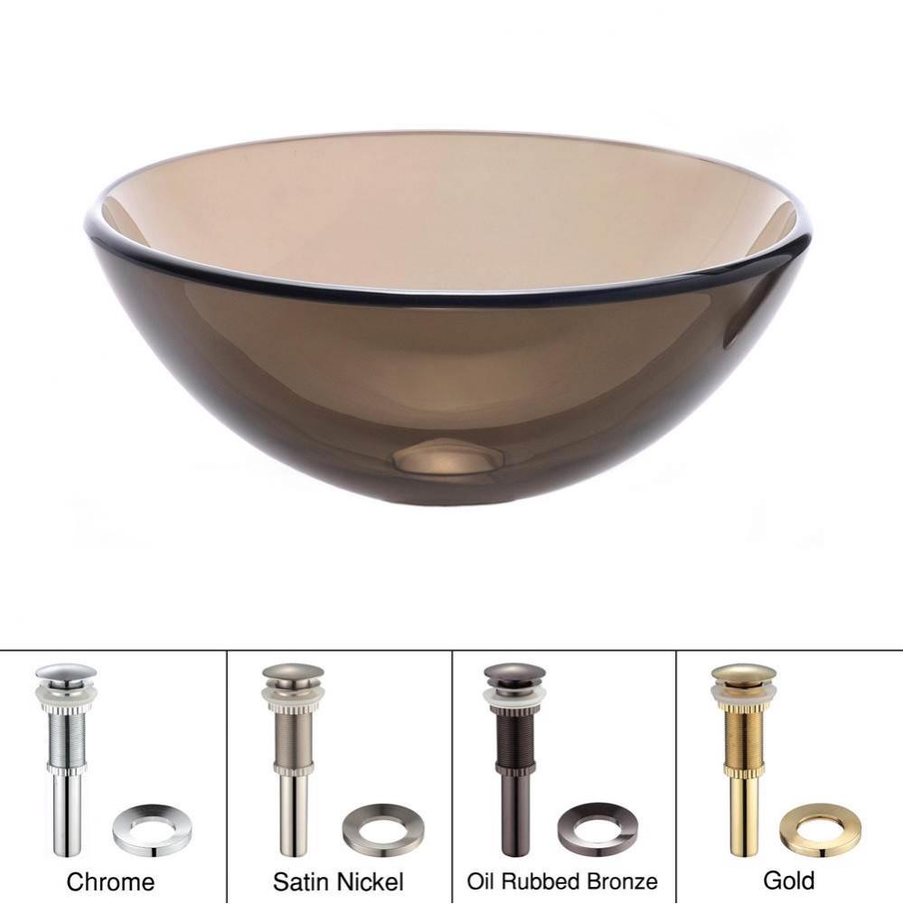 14 Inch Glass Vessel Sink in Clear Brown with Pop-Up Drain and Mounting Ring in Oil Rubbed Bronze