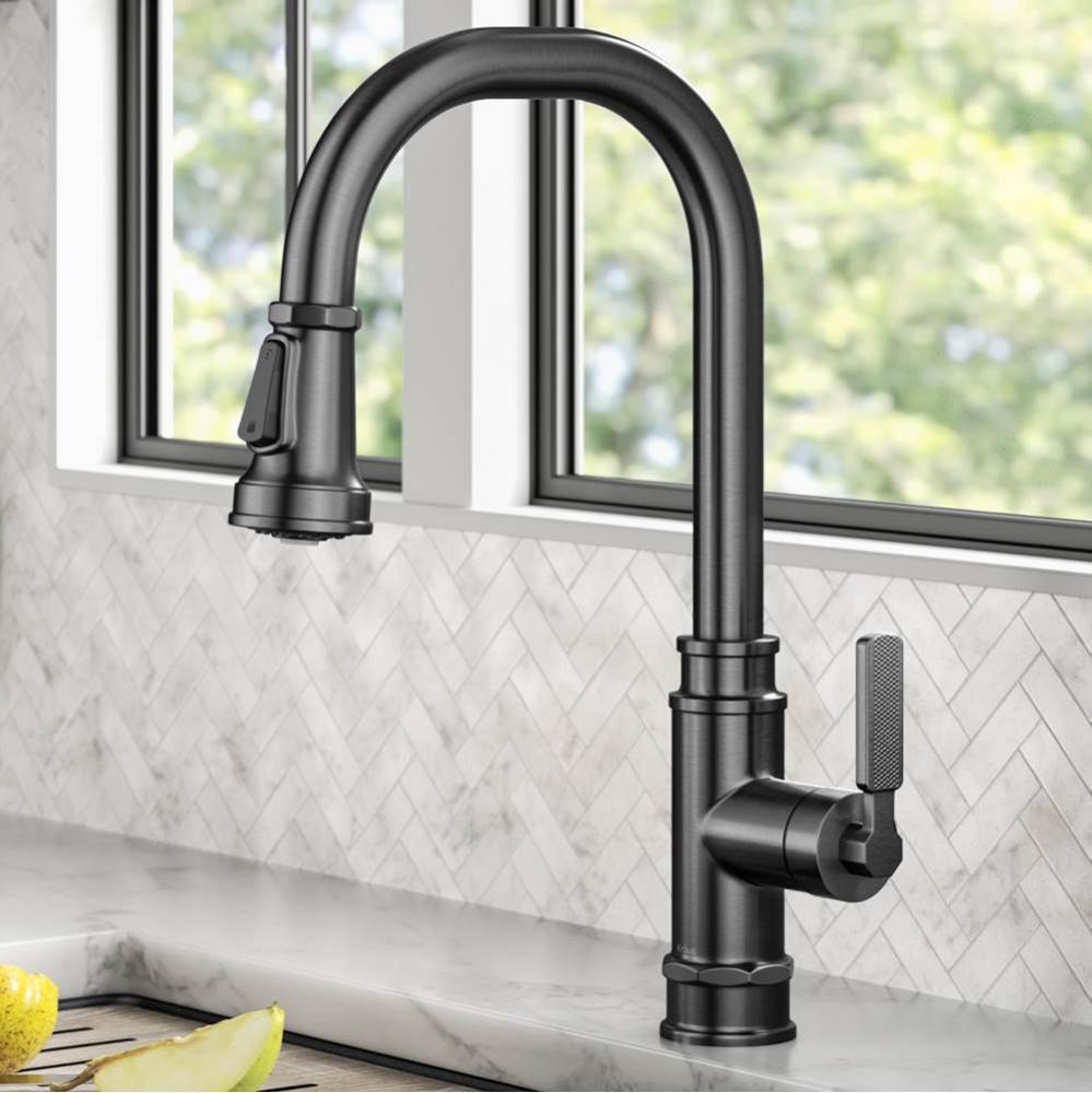 Allyn™ Transitional Industrial Pull-Down Single Handle Kitchen Faucet in Spot-Free Black Stainle