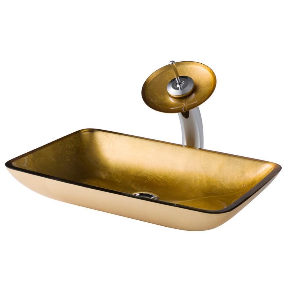 Rectangular Gold Glass Bathroom Vessel Sink and Waterfall Faucet Combo Set with Matching Disk and