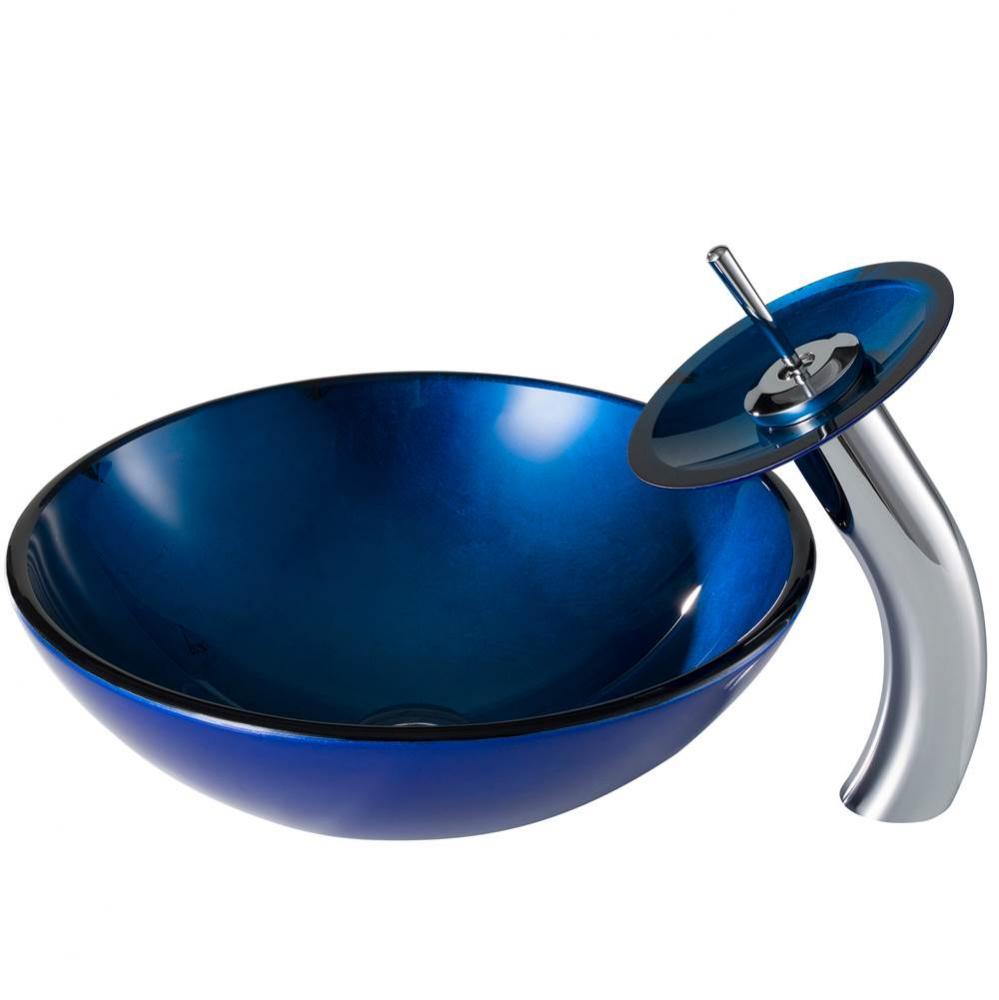 Irruption Blue Glass Bathroom Vessel Sink and Waterfall Faucet Combo Set with Matching Disk and Po