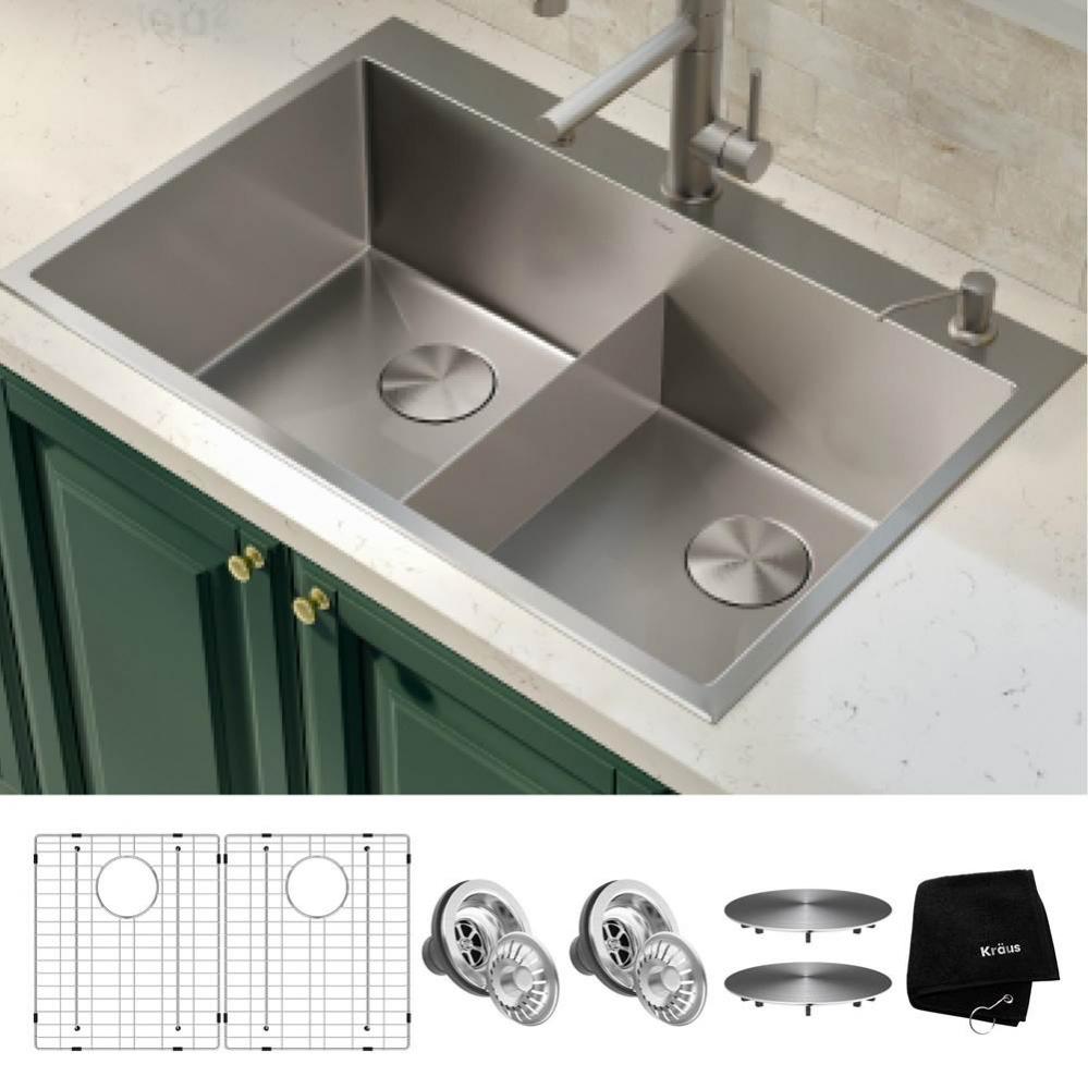 Standart PRO 33'' Drop In / Undermount 16 Gauge Double Bowl 2-Hole Stainless Steel Kitch