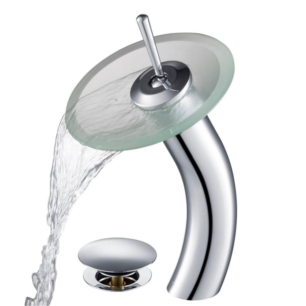 Tall Waterfall Bathroom Faucet for Vessel Sink with Frosted Glass Disk and Pop-Up Drain, Chrome Fi
