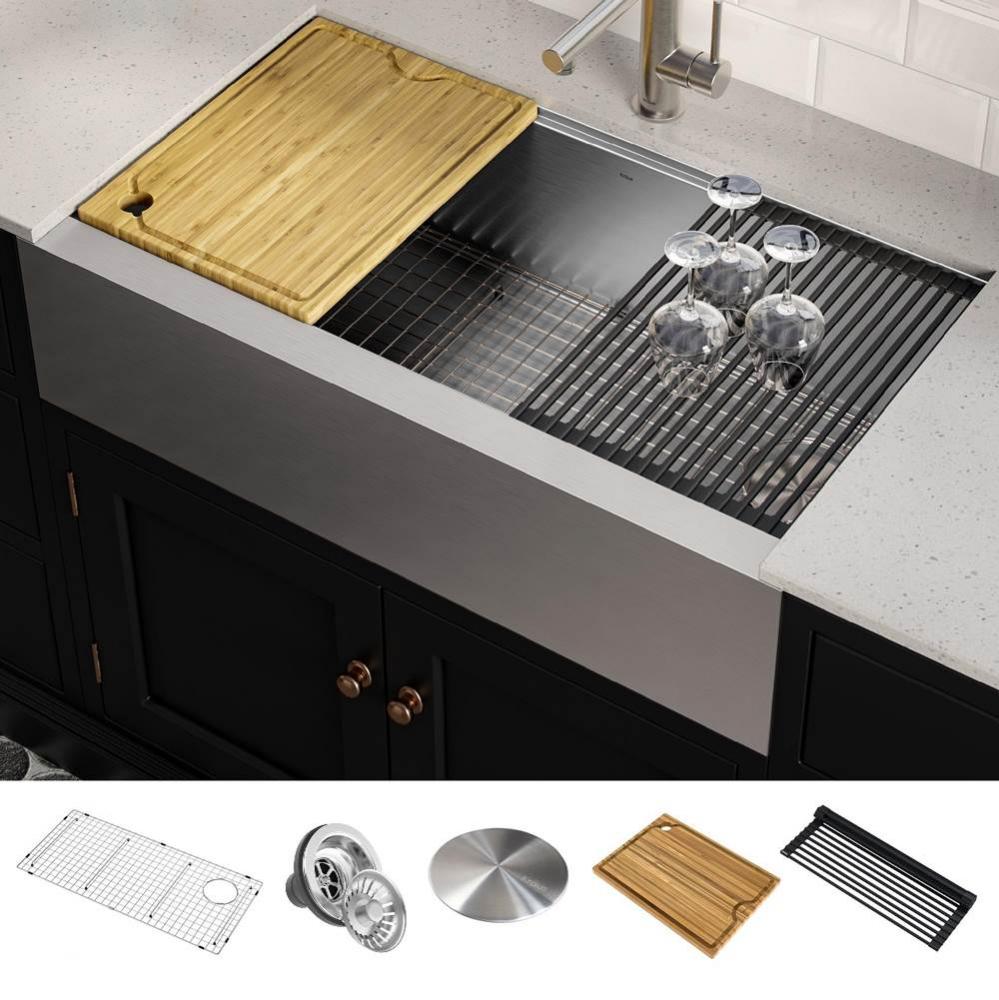 Kore™ Workstation 36-inch Farmhouse Flat Apron Front 16 Gauge Single Bowl Stainless Steel Kitche