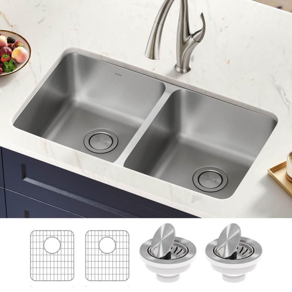 Dex™ 33” Undermount 16 Gauge Stainless Steel Double Bowl Kitchen Sink