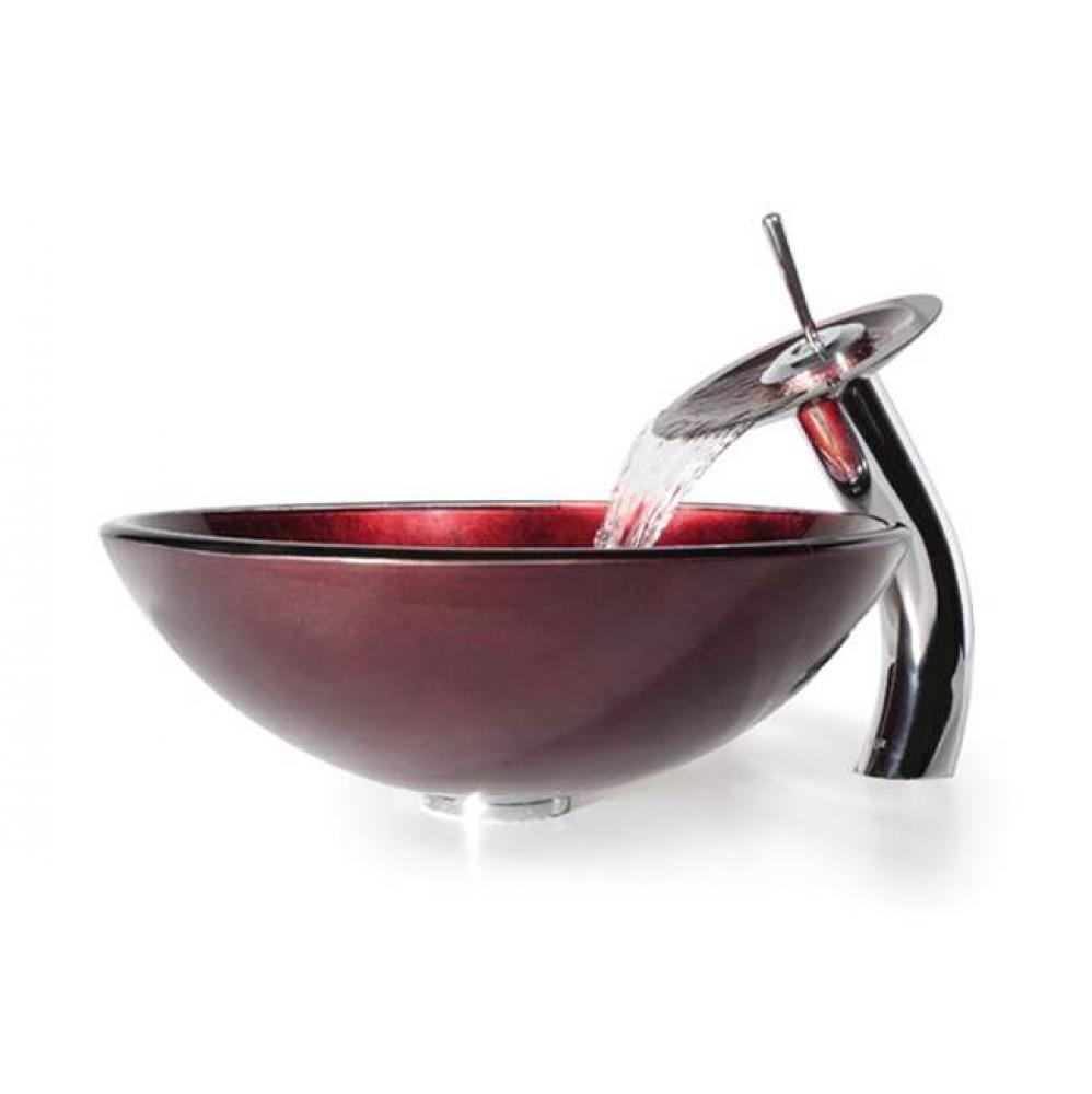 Irruption Glass Vessel Sink in Red with Single Hole Single-Handle Waterfall Faucet in Chrome