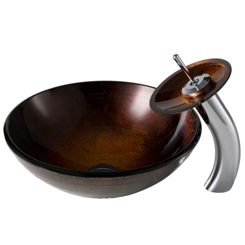 Copper Brown Glass Bathroom Vessel Sink and Waterfall Faucet Combo Set with Matching Disk and Pop-