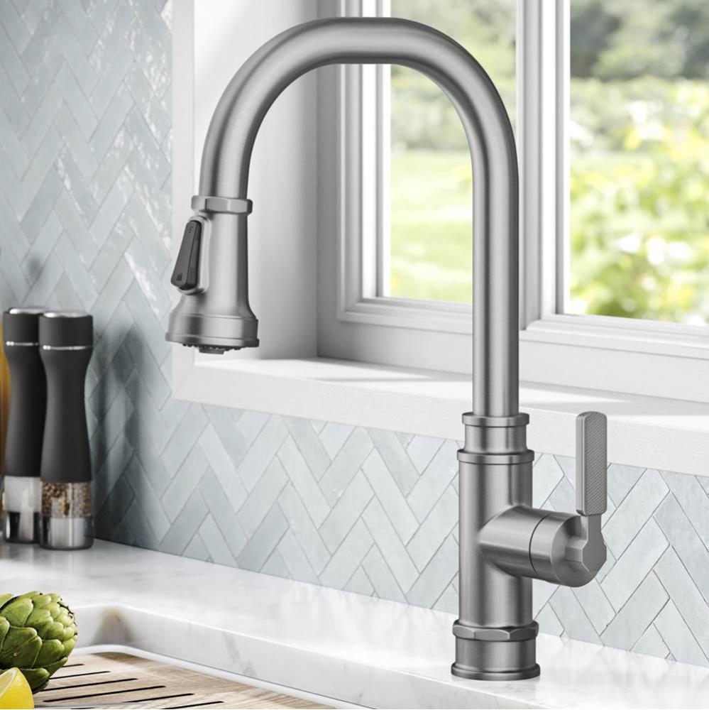 Allyn™ Transitional Industrial Pull-Down Single Handle Kitchen Faucet in Spot-Free Stainless Ste