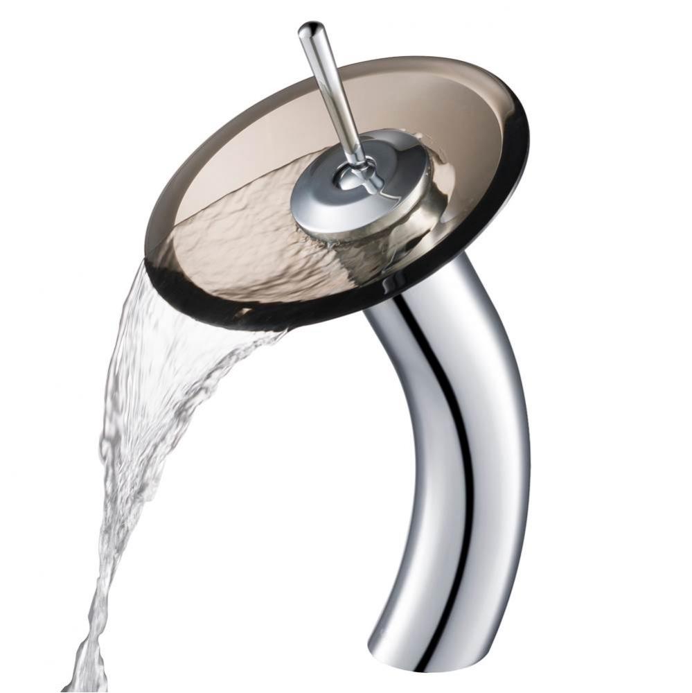 Tall Waterfall Bathroom Faucet for Vessel Sink with Clear Brown Glass Disk, Chrome Finish