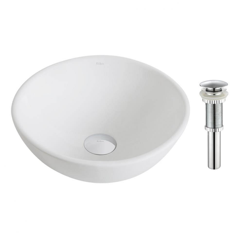 Elavo™ Small Round Ceramic Vessel Bathroom Sink in White with Pop-Up Drain in Chrome