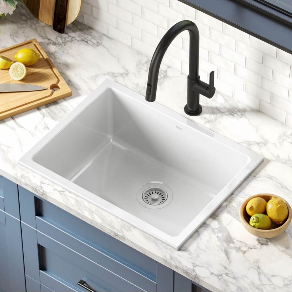 Turino™ 24” Drop-In Undermount Fireclay Single Bowl Kitchen Sink with Thick Mounting Deck in G