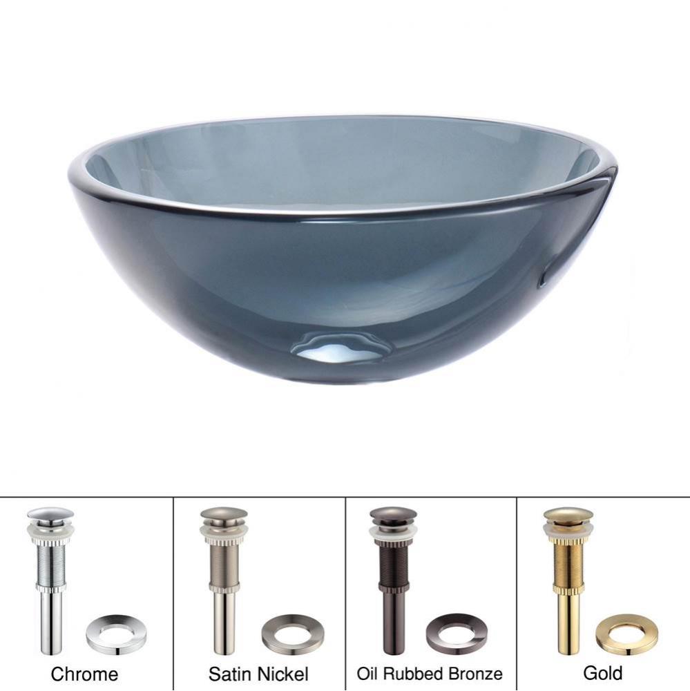 KRAUS 14 Inch Glass Vessel Sink in Clear Black with Pop-Up Drain and Mounting Ring in Satin Nickel
