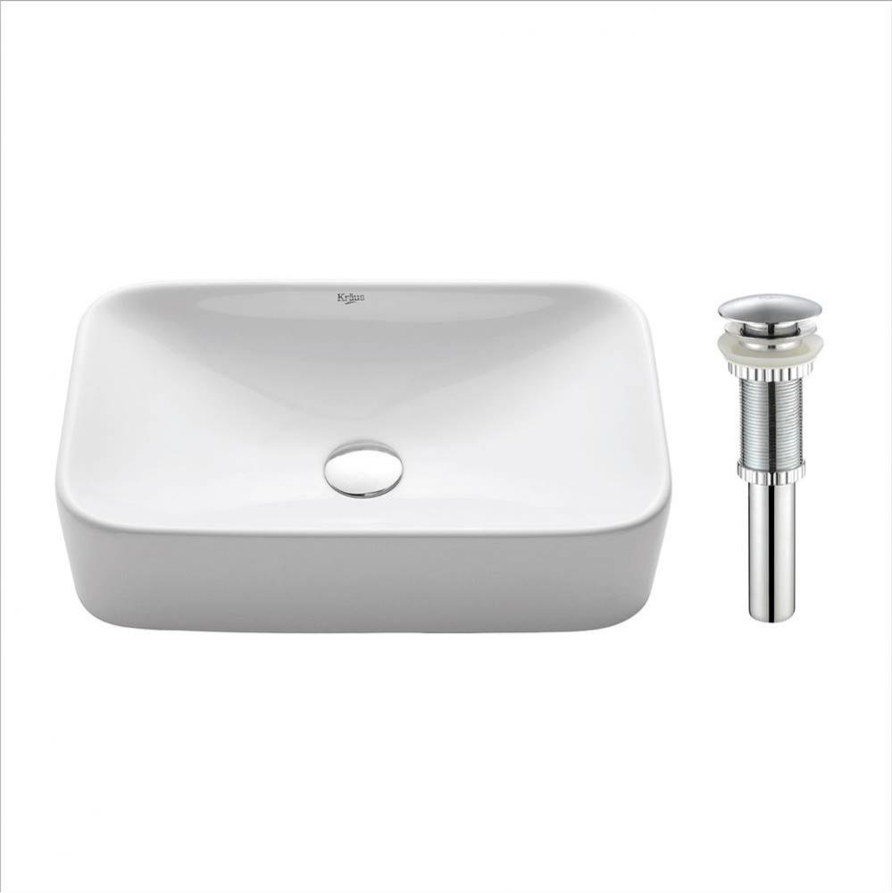 Soft Rectangular Ceramic Vessel Bathroom Sink in White with Pop-Up Drain in Chrome