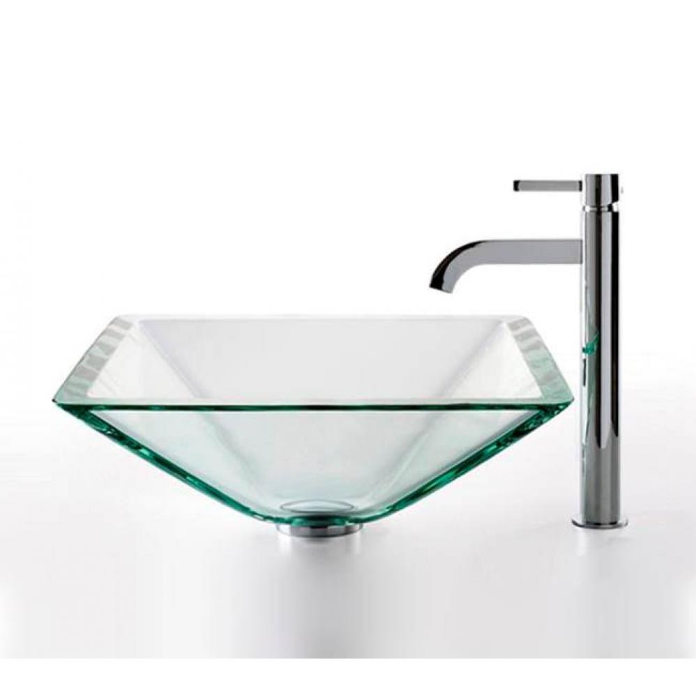 Square Glass Vessel Sink in Clear with Ramus Faucet in Chrome