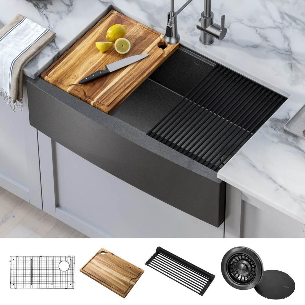 Kore™ Workstation 33” Farmhouse Apron Front 16 Gauge Black Stainless Steel Single Bowl Kitchen