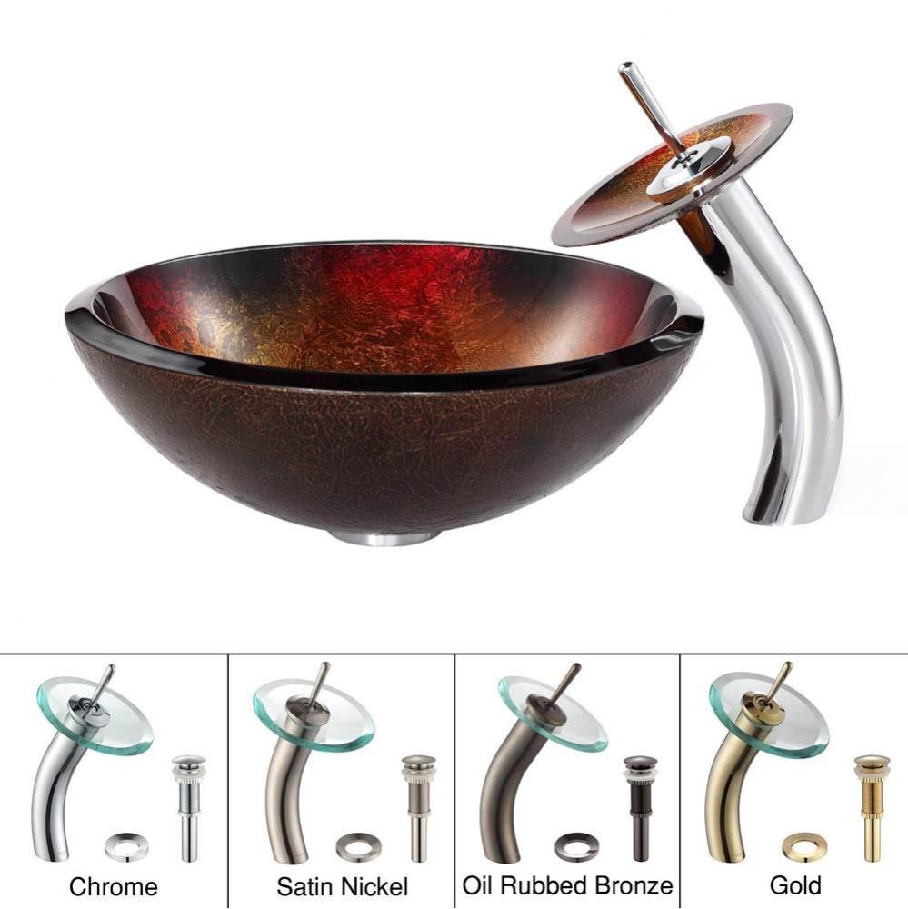 Mercury Glass Vessel Sink in Red/Gold with Waterfall Faucet in Chrome