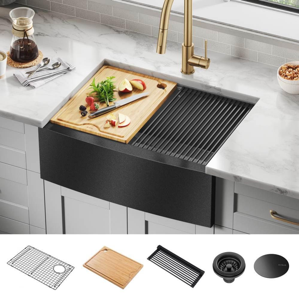 Kore™ Workstation 27” Farmhouse Apron Front 16 Gauge Black Stainless Steel Single Bowl Kitchen