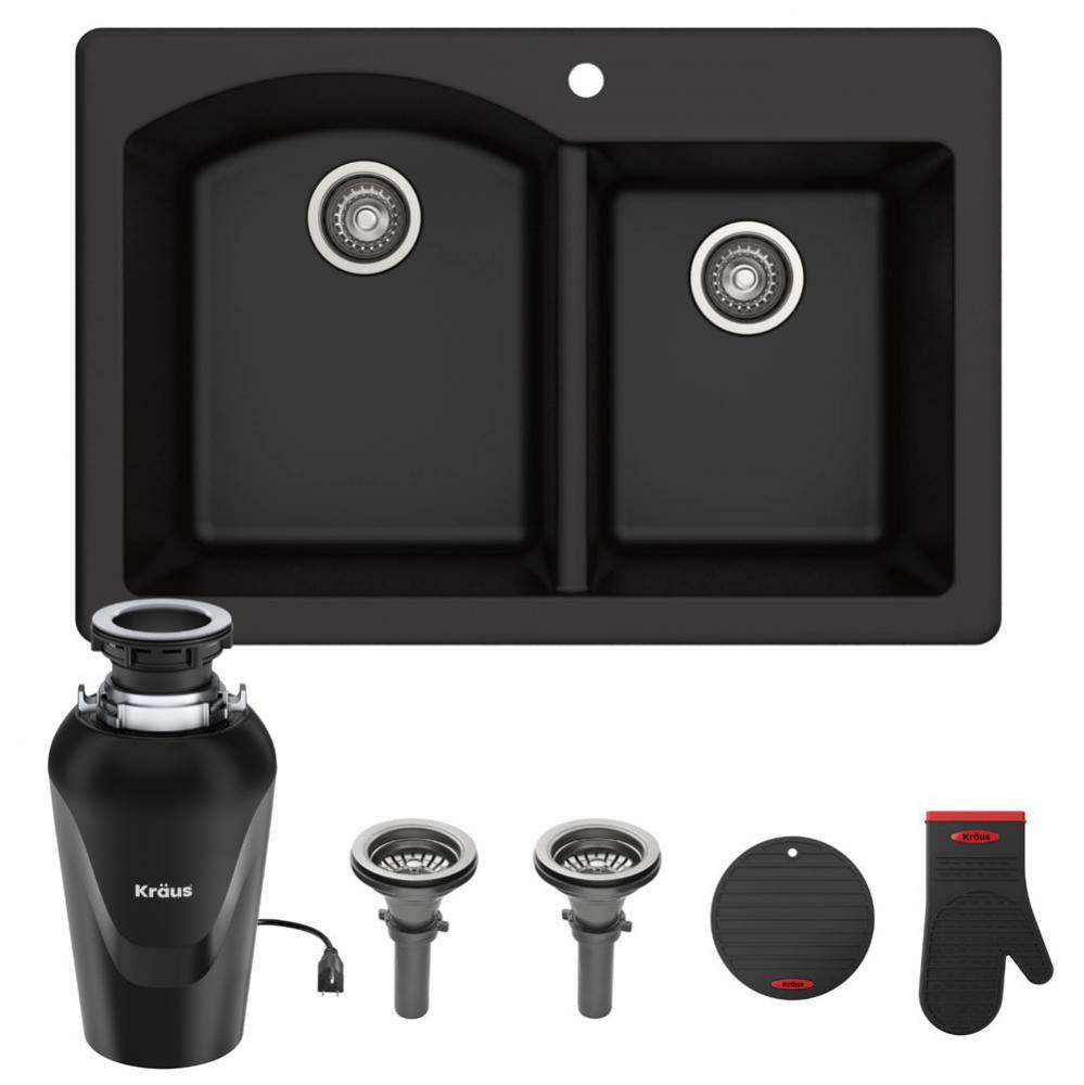 Forteza™ 33” Dual Mount 60/40 Double Bowl Granite Kitchen Sink in Black with WasteGuard™ Con