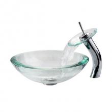 Kraus C-GV-150-19mm-10CH - 34 mm Thick Glass Vessel Sink in Clear with Waterfall Faucet in Chrome