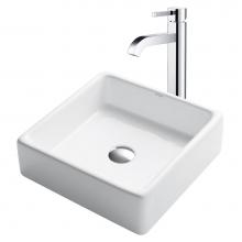 Kraus C-KCV-120-1007CH - 15-inch Square White Porcelain Ceramic Bathroom Vessel Sink and Ramus™ Faucet Combo Set with Pop