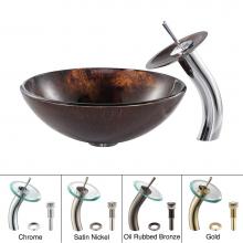 Kraus C-GV-684-12mm-10CH - Pluto Glass Vessel Sink in Brown with Waterfall Faucet in Chrome