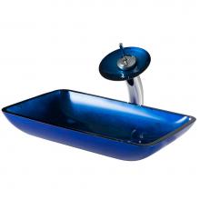 Kraus C-GVR-204-RE-10CH - Rectangular Blue Glass Bathroom Vessel Sink and Waterfall Faucet Combo Set with Matching Disk and