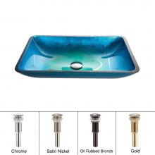 Kraus GVR-204-RE-CH - KRAUS Irruption Rectangular Glass Vessel Sink in Blue with Pop-Up Drain in Chrome
