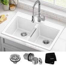 Kraus KGD-433BWHITE - Quarza 33'' Granite Drop In / Undermount 50/50 Double Bowl White Kitchen Sink