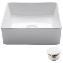Kraus KCV-202GWH-20 - Viva™ Square White Porcelain Ceramic Vessel Bathroom Sink with Pop-Up Drain, 15 5/8 in. L x 15 5