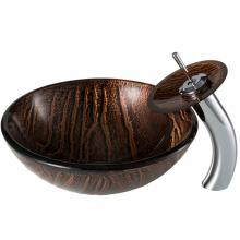 Kraus C-GV-398-19mm-10CH - Nature Series™ Brown Glass Bathroom Vessel Sink and Waterfall Faucet Combo Set with Matching Dis