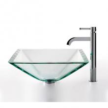 Kraus C-GVS-901-19mm-1007CH - Square Glass Vessel Sink in Clear with Ramus Faucet in Chrome