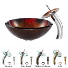Kraus C-GV-680-19mm-10CH - Mercury Glass Vessel Sink in Red/Gold with Waterfall Faucet in Chrome