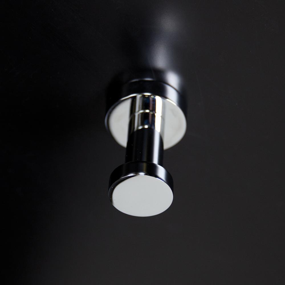 Wall-mount robe hook made of chrome plated brass. Diam: 1 5/8'', D: 2 1/4''.