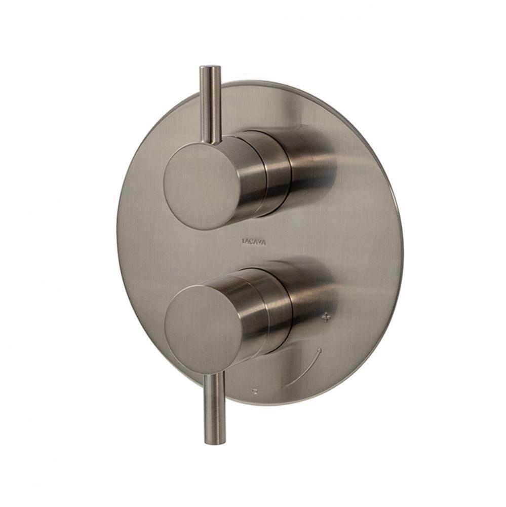 Built-in progressive pressure balancing mixer with 2-way diverter, two lever handles and a rounded