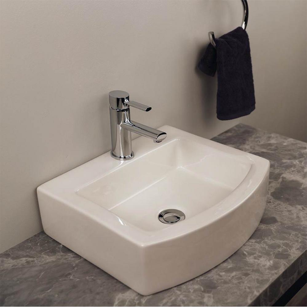 Above counter porcelain Bathroom Sink without an overflow. Unfinished back.  17 1/2''W,