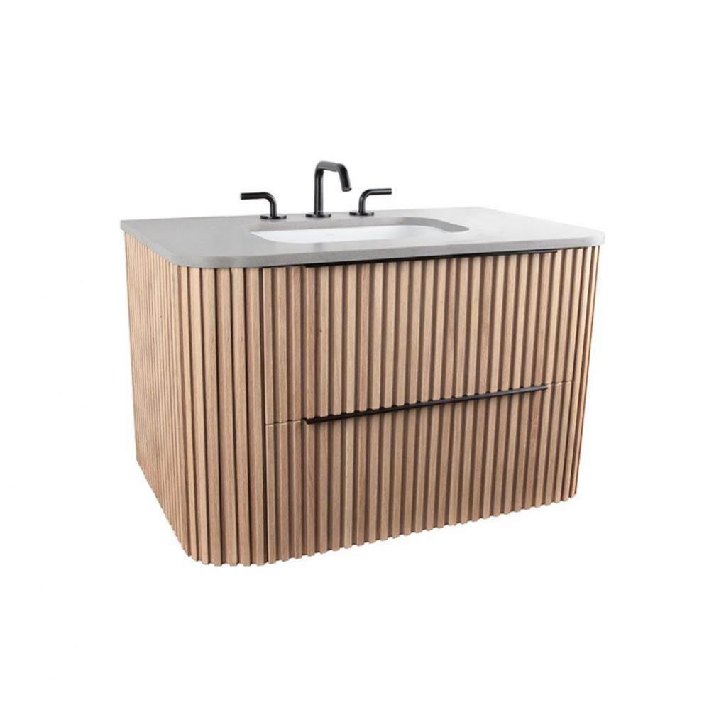 Wall-mount under-counter vanity with rounded corners, fluted detailing and two drawers. Countertop