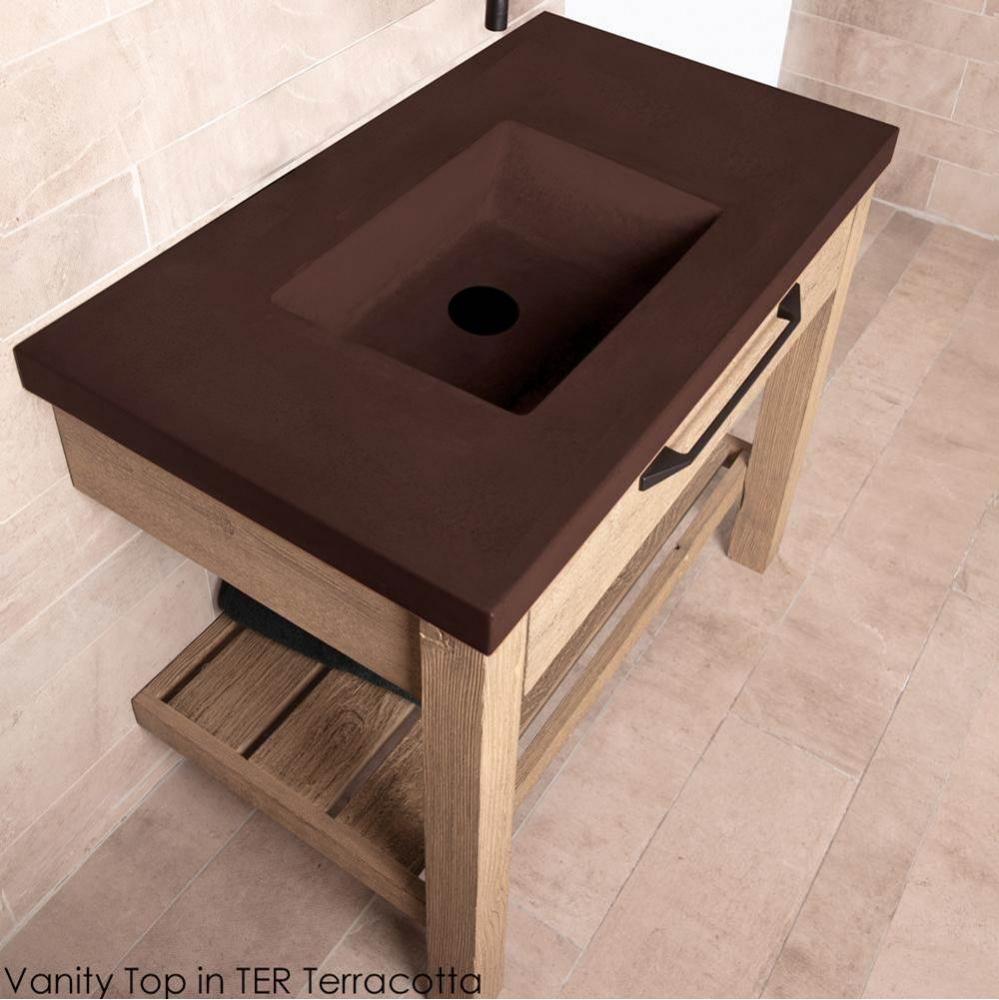 Floor-standing vanity with drawer and slotted bottom shelf.