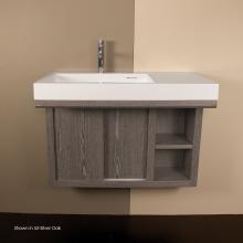 Lacava LIB-W-32L-06 - Wall-mounted under-counter vanity with two sliding doors, two open cubbies on the right, and accen
