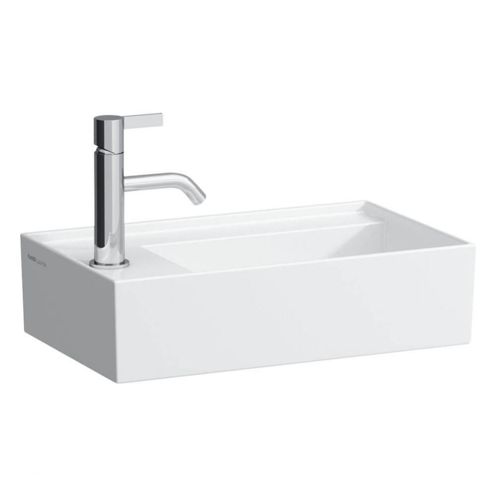Small washbasin, tap bank left, with concealed outlet, w/o overflow, wall mounted
