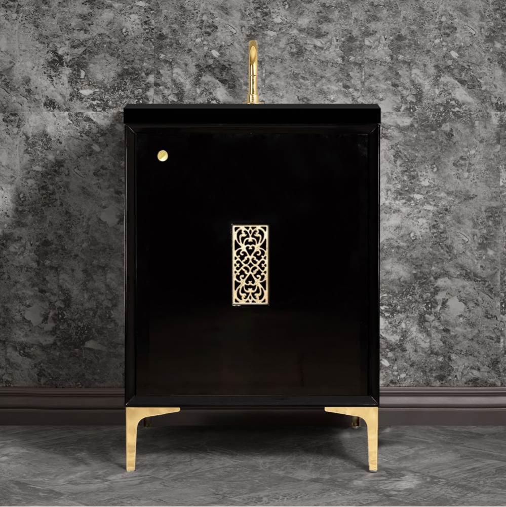 FRAME with Filigree Grate 30'' Wide Vanity, Black, Satin Brass Hardware, 30''