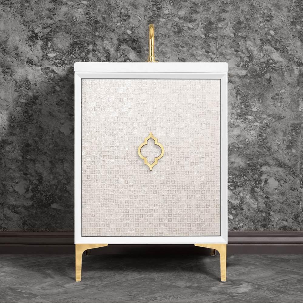 MOTHER OF PEARL with Arabesque Pull 30'' Wide Vanity, White, Polished Nickel Hardware, 3