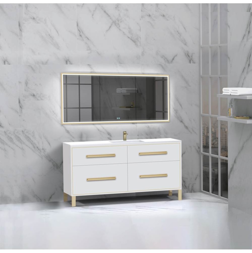 Pinnacle  60C'' Free Standing Vanity Cabinet in White/HW:  Polished Chrome(PC)