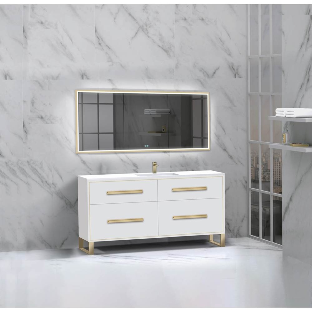 Pinnacle  60C'' Free Standing Vanity Cabinet in White/HW:  Polished Chrome(PC)