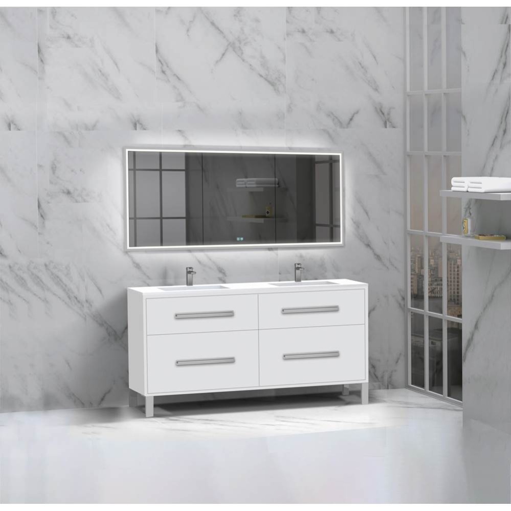 Pinnacle  60D'' Free Standing Vanity Cabinet in White/HW:  Polished Chrome(PC)