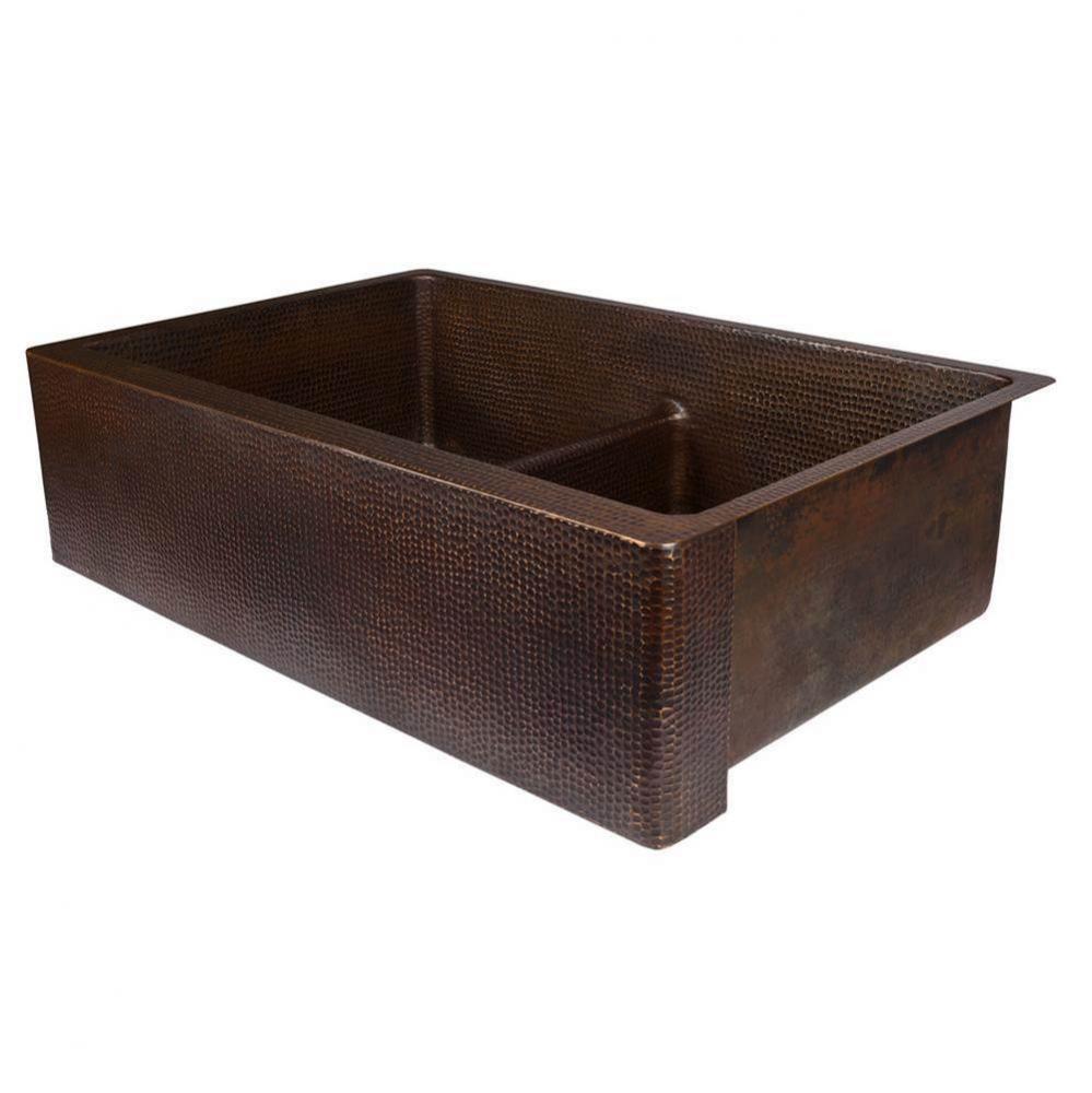 33'' Hammered Copper Kitchen Apron 50/50 Double Basin Sink with Short 5'' Divi