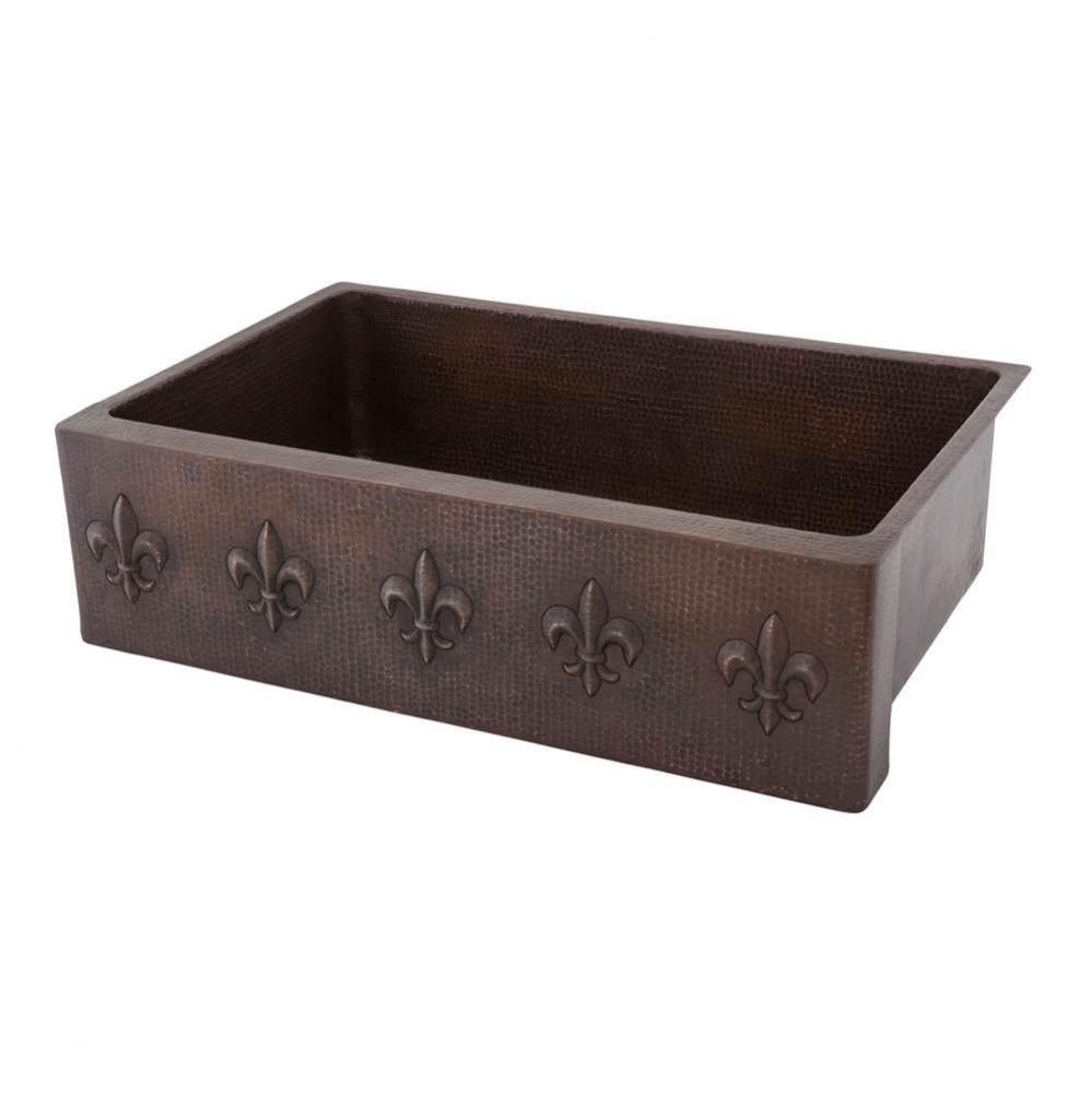 33'' Hammered Copper Kitchen Apron Single Basin Sink w/ Fleur De Lis