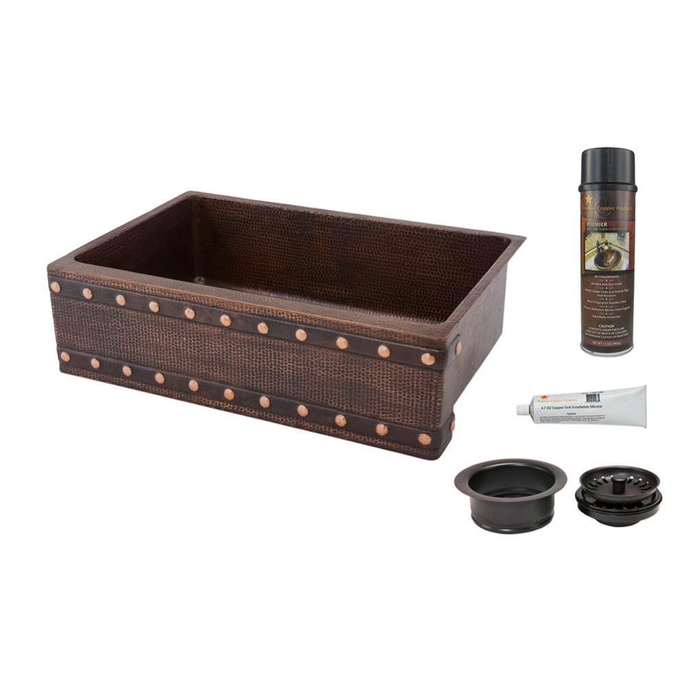 30'' Hammered Copper Kitchen Apron Single Basin Sink w/ Barrel Strap Design with Matchin