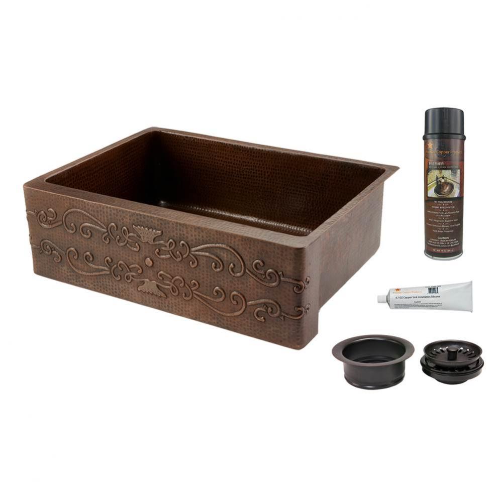 30'' Hammered Copper Kitchen Apron Single Basin Sink with Scroll Design with Matching Dr