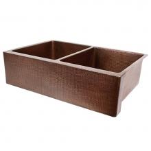 Premier Copper Products KA50B33229 - 33'' Antique Hammered Copper Kitchen Apron 50/50 Double Basin Sink
