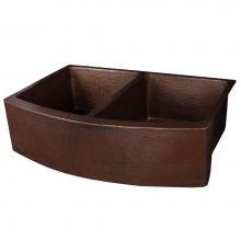 Premier Copper Products KA50RDB33249 - 33'' Hammered Copper Kitchen Rounded Apron 50/50 Double Basin Sink